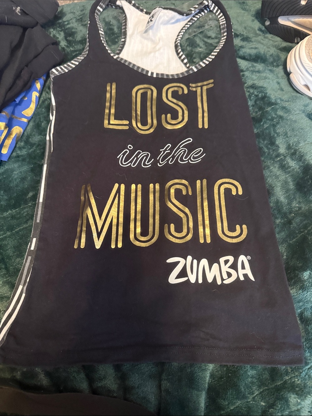 Zumba Fitness Black Tank with Gold and White Graphic